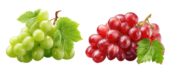 Two bunches of grapes, one green, one red, with leaves on black