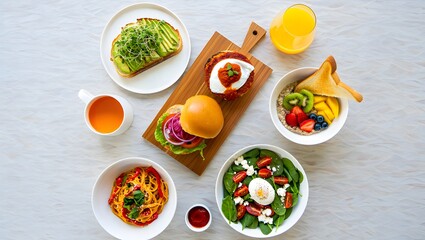 Vibrant overhead view of a delicious and healthy brunch spread with fresh ingredients