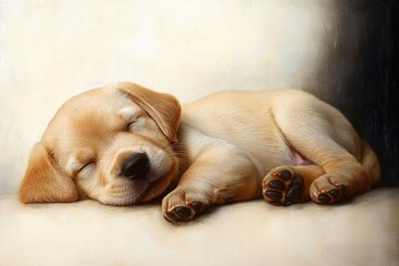sleeping golden labrador puppy curled on a light surface, peaceful and content