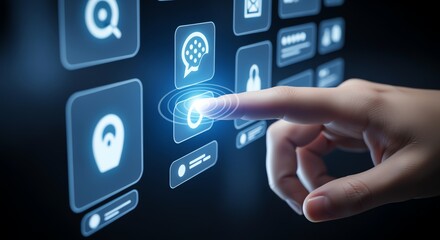 Finger Interacting with Glowing Digital Interface Icons on Dark Background
