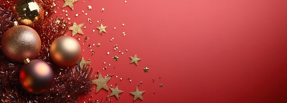 festive arrangement of gold and red baubles, glittering star confetti and red tinsel on a red background conveying warmth and celebration - Powered by Adobe