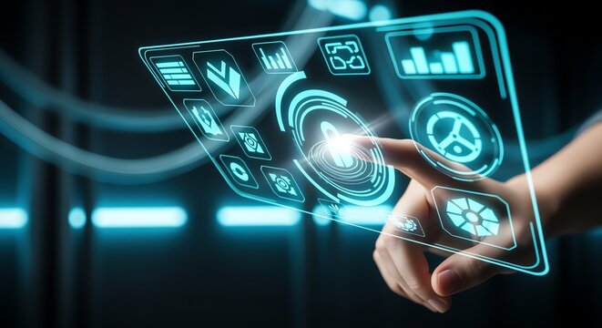 Finger Interacting with Glowing Futuristic Interface on Dark Background