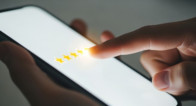 Finger rating four yellow stars on a smartphone screen