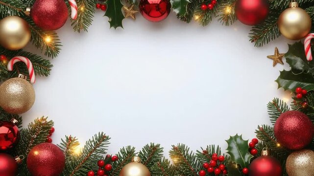Christmas frame with ornaments, candy canes, and fir branches on white background.