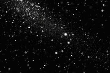 Ethereal white particles and glowing specks floating against a deep black background, creating a mysterious and serene starry atmosphere