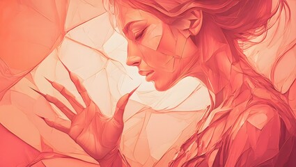 Close up of a woman s face in profile with eyes closed and hand raised in warm soft light