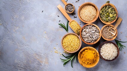 Overhead view of assorted dried grains seeds and spices in wooden bowls on a textured background