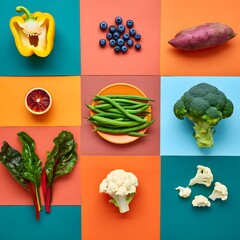 Vibrant assortment of fresh fruits and vegetables arranged in a grid on colorful backgrounds