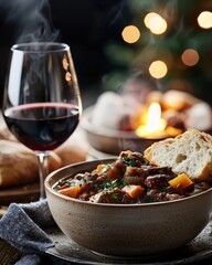 A cozy winter dinner with a bowl of steaming hot stew, crusty bread, and a glass of red wine