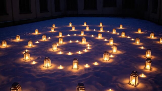 Luminous lanterns and candles arranged in a beautiful spiral pattern on the snow at night. Magical winter festival or spiritual ceremony creating a warm and peaceful atmosphere