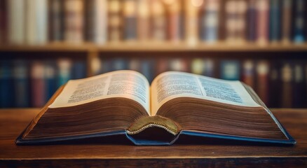Obraz premium Open thick book on a wooden table in a warm-lit library with blurred bookshelves, evoking a cozy, contemplative mood for quiet study and reading