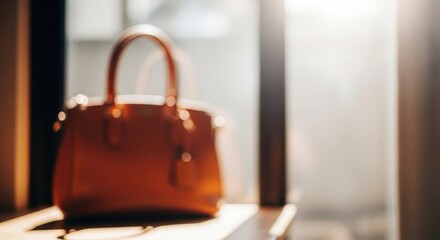 Warmly lit leather handbag rests on a surface near a bright window