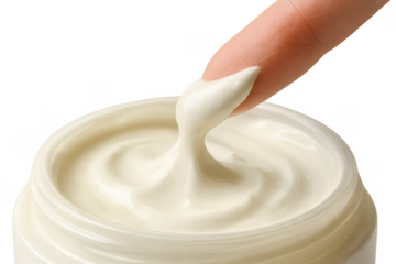 Finger dipping into jar of beauty cream, applying moisturizing lotion for skincare and healthy skin on transparent background