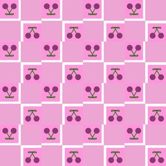 Pink cherry pattern with simple repeating illustrations, creating a cute and playful seamless background. Seamless pink cherry pattern background with kawaii design. 
