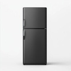 matte black two-door refrigerator with top freezer and vertical handles on white studio background, minimalist sleek and neutral mood