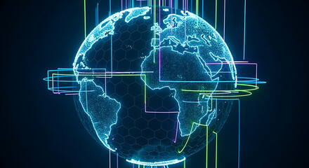 Digital earth hologram with data stream lines and glitch effect around it