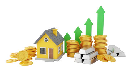 Real estate investment growth with property, gold coins, silver, and rising arrows