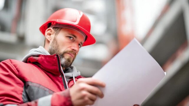Architect at Work: A focused architect, clad in a red safety helmet and jacket, meticulously examines blueprints, his gaze reflecting dedication and expertise.