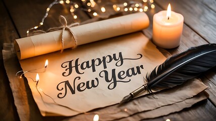 Happy New Year Scroll Message with Candle and Feather Warm Festive Decoration Photo