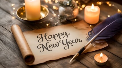 Happy New Year Scroll Message with Candle and Feather Warm Festive Decoration Photo