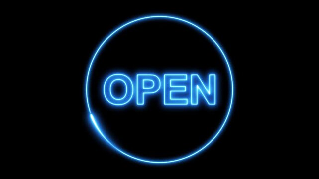 Blue Neon Open Sign Inside a Circle on a animated Black Background light. Open” sign inside a luminous circle, creating a bold, energetic, and visually striking animated effect.