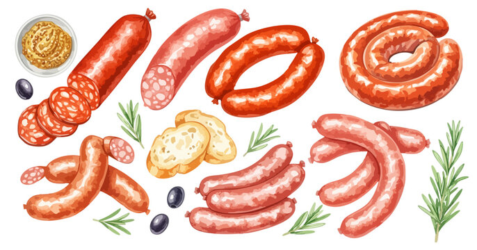 様々なソーセージ（サラミ・フランクフルトなど）と食材のセット,肉加工品,デリ,洋食,ビール,水彩,リアル