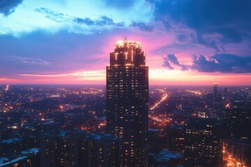 tall illuminated skyscraper rising above a sprawling city at dusk with glowing windows and streetlights under a dramatic purple and pink sunset sky, awe-inspiring