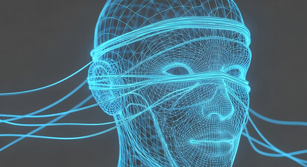 Digital human head with data stream, concept of artificial intelligence