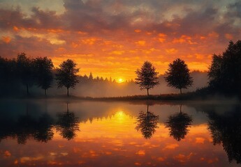 Obraz premium Misty dawn over a glassy lake with silhouetted trees and a golden sun reflected in calm water beneath glowing orange clouds, peaceful and awe-inspiring