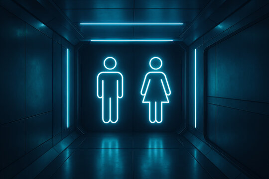a futuristic sci-fi hallway with glowing male and female restroom symbols in a minimal silhouette style. Use neon lighting, metallic textures, and a clean, high-tech atmosphere - Powered by Adobe