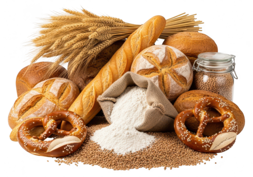 A delightful assortment of freshly baked bread, including pretzels, baguettes, and round loaves, isolated on transparent background