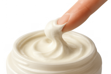 Finger dipping into a cream jar, lifting rich textured cosmetic product from skincare container, transparent background