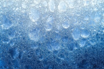 Close-up of frosty ice crystals and granular snow on a frozen surface, serene cold texture with blue gradient and crystalline patterns