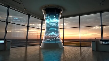 Futuristic airport control tower with digital displays and sunset view over the runway - Powered by Adobe