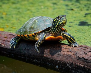 sunlit freshwater turtle with yellow striped head and patterned shell basking on a weathered log above a green algae covered pond, calm and alert