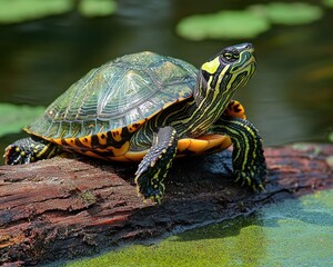 Fototapeta premium bright striped pond turtle basking on a sunlit log above green lily pads with a calm curious gaze