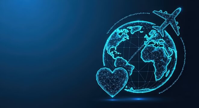 Digital heart with connected earth sphere on dark blue background