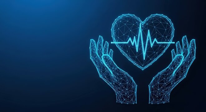 Digital heart with pulse line held by wireframe hands on dark blue background