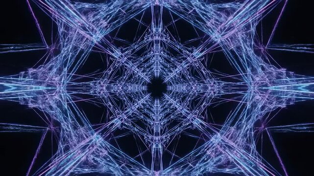 Infinite geometric lattice structure expanding and contracting in a precise, symmetrical, pulsating blue and purple pattern evolution, loop, infinite