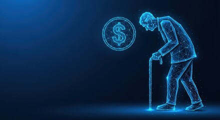 Elderly man with cane looking at dollar coin symbolizing retirement finance