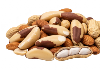Pile of mixed nuts isolated on transparent background, including almonds, peanuts, and brazil nuts, a healthy and nutritious snack