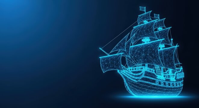 Wireframe sailing ship illustration on a dark blue background with glowing lights