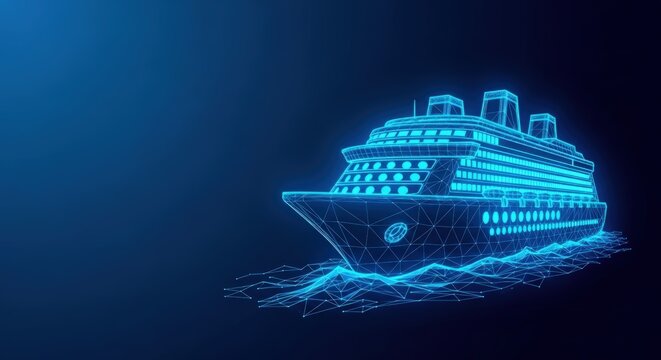 Wireframe cruise ship sailing on digital blue ocean waves