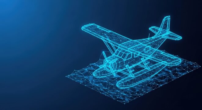 Wireframe seaplane design on a digital water surface