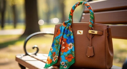 Elegant leather handbag with a vibrant floral scarf resting upon a wooden park bench.