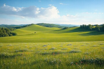 sunlit rolling green hills and wildflower meadow under a blue sky with fluffy clouds, tranquil pastoral countryside