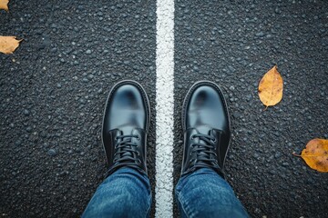 top-down view of black leather boots in blue jeans standing on either side of a white dividing line on asphalt with fallen autumn leaves, contemplative mood