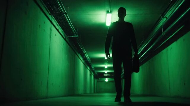 Silhouette of a mysterious adult man walking through a dark industrial underpass with a bag. Cinematic sequence with eerie green lights creating a suspenseful and moody atmosphere