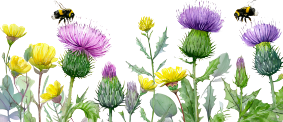 Vibrant Thistle and Buttercup Garden Abuzz with Busy Bumblebees