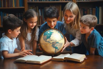 Curious children gathered around a globe with open books on a wooden table in a cozy library, focused and excited as an adult guides their exploration of the world